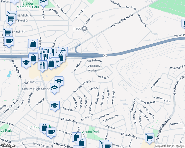map of restaurants, bars, coffee shops, grocery stores, and more near 1012 Torino Street in Montebello