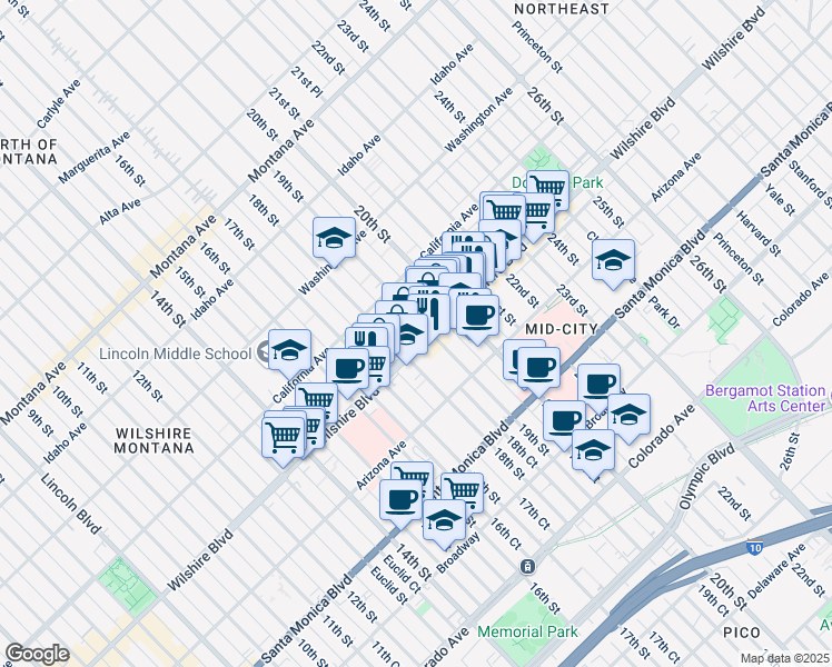 map of restaurants, bars, coffee shops, grocery stores, and more near 1807 Wilshire Boulevard in Santa Monica