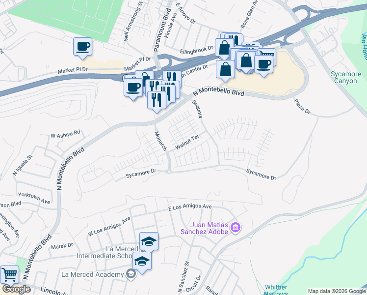 map of restaurants, bars, coffee shops, grocery stores, and more near 955 Walnut Terrace in Montebello