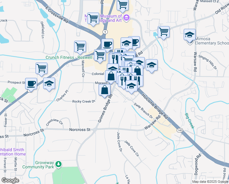map of restaurants, bars, coffee shops, grocery stores, and more near 440 Market Place in Roswell
