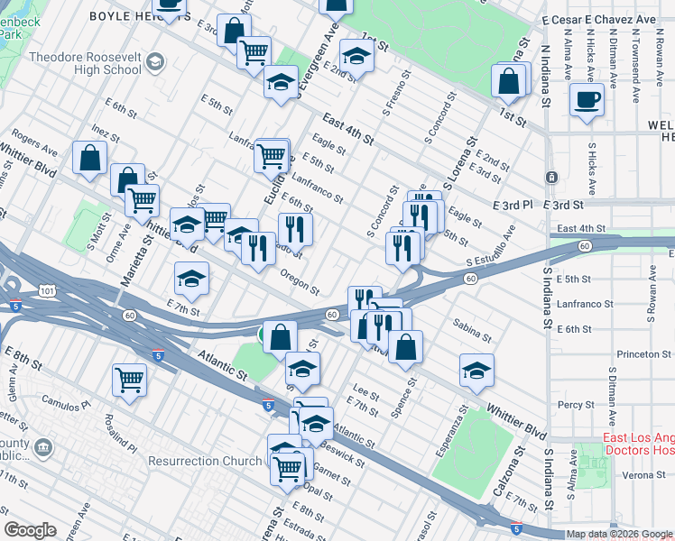 map of restaurants, bars, coffee shops, grocery stores, and more near 700 South Grande Vista Avenue in Los Angeles