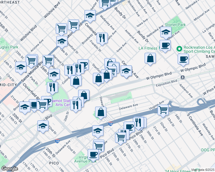 map of restaurants, bars, coffee shops, grocery stores, and more near 2932 Nebraska Avenue in Santa Monica