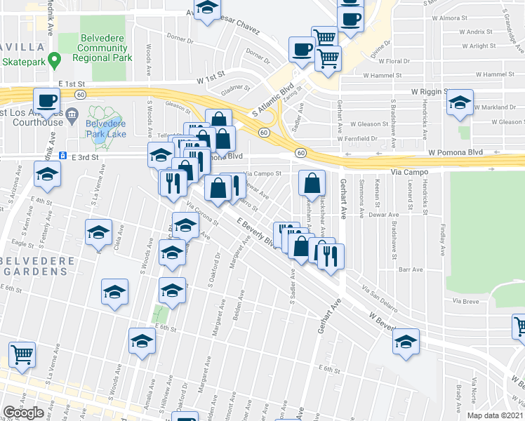 map of restaurants, bars, coffee shops, grocery stores, and more near 321 South Margaret Avenue in East Los Angeles