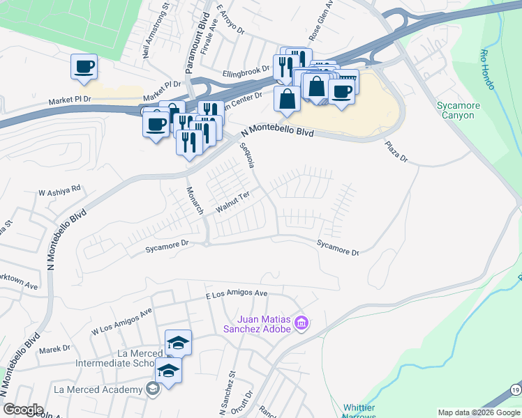 map of restaurants, bars, coffee shops, grocery stores, and more near 1478 North Montebello Boulevard in Montebello