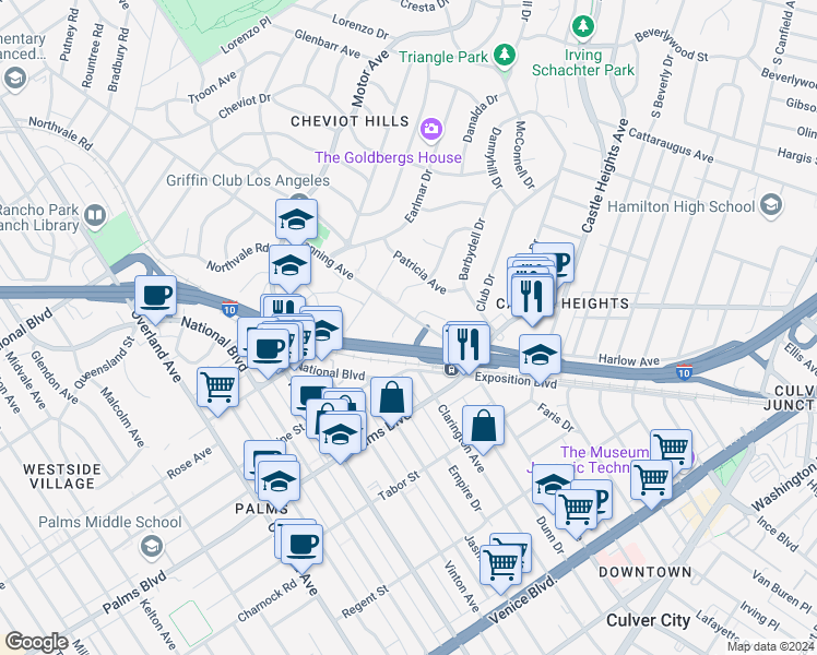 map of restaurants, bars, coffee shops, grocery stores, and more near 3355 Manning Avenue in Los Angeles