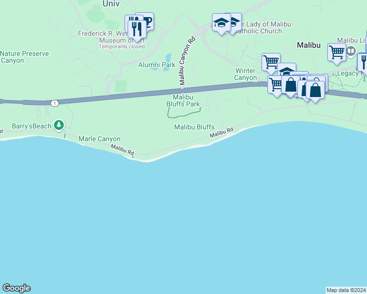 map of restaurants, bars, coffee shops, grocery stores, and more near 24230 Malibu Road in Malibu