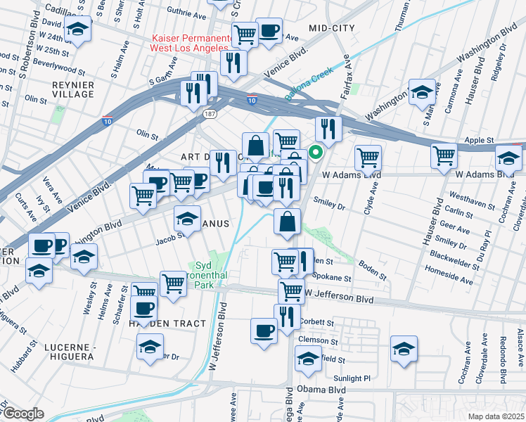 map of restaurants, bars, coffee shops, grocery stores, and more near 5894 Blackwelder Street in Culver City
