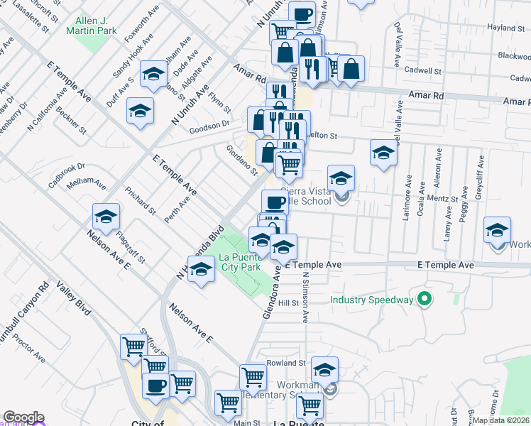 map of restaurants, bars, coffee shops, grocery stores, and more near 681 Glendora Avenue in La Puente
