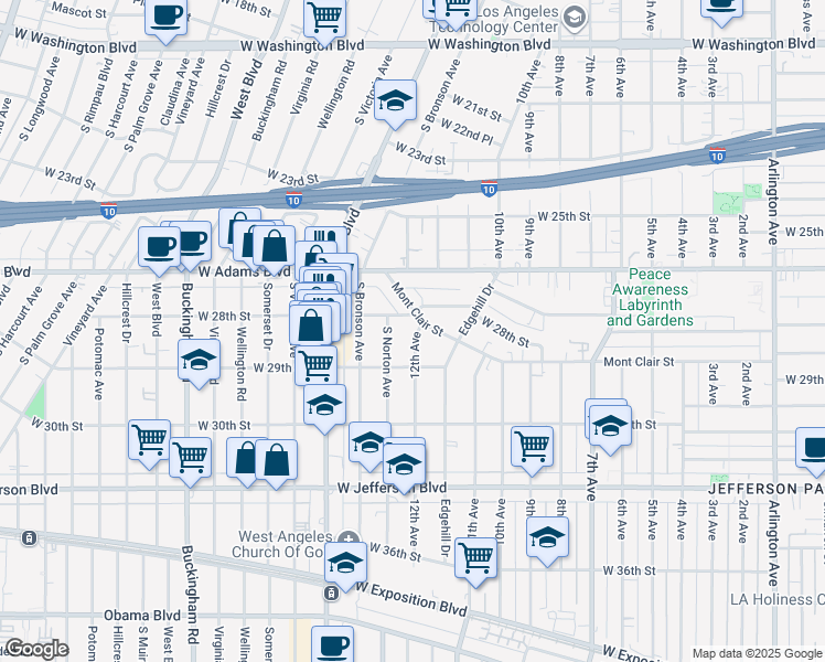 map of restaurants, bars, coffee shops, grocery stores, and more near 2813 12th Avenue in Los Angeles