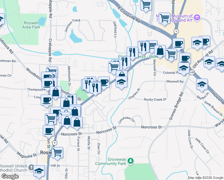 map of restaurants, bars, coffee shops, grocery stores, and more near 1165 Thomas Drive in Roswell
