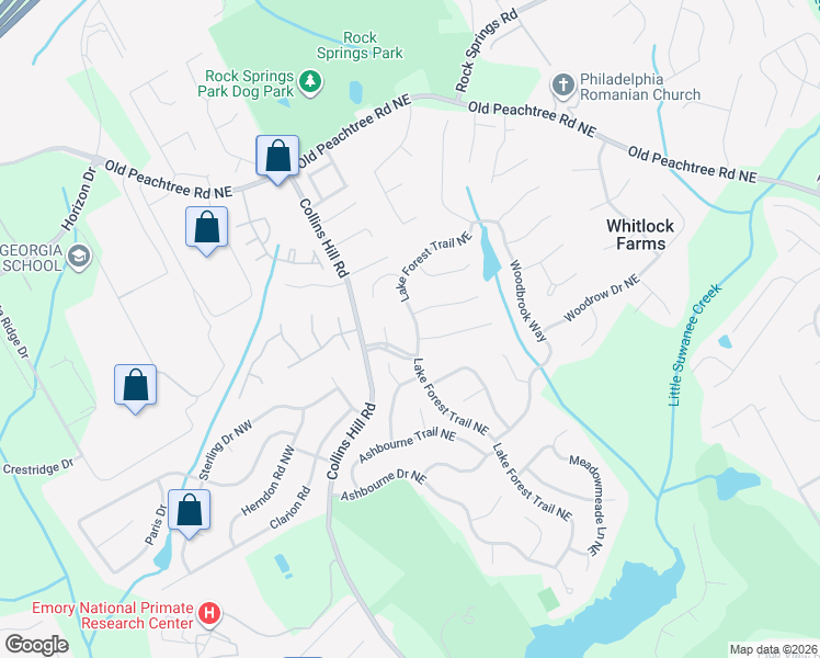 map of restaurants, bars, coffee shops, grocery stores, and more near 2618 Lake Forest Trail Northeast in Lawrenceville