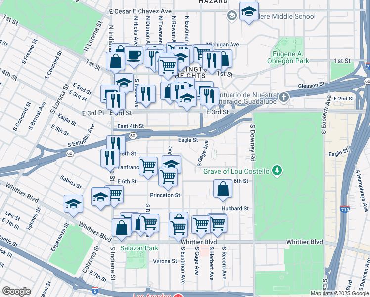 map of restaurants, bars, coffee shops, grocery stores, and more near 3829 1/2 East 5th Street in Los Angeles