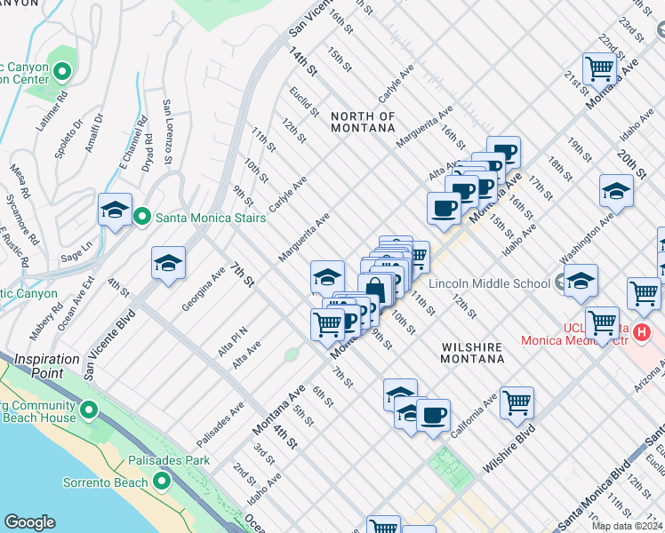map of restaurants, bars, coffee shops, grocery stores, and more near 558 9th Court in Santa Monica