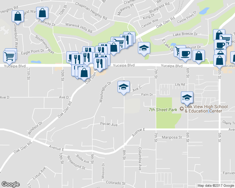 map of restaurants, bars, coffee shops, grocery stores, and more near 33661 Avenue C in Yucaipa