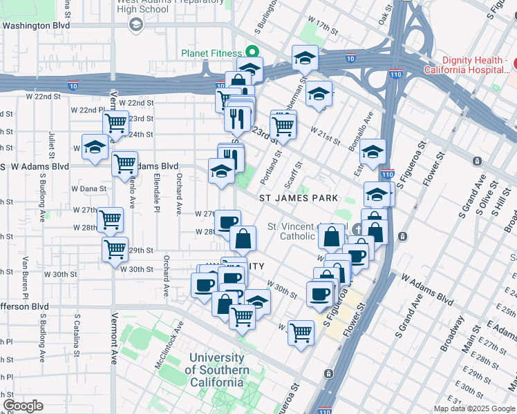 map of restaurants, bars, coffee shops, grocery stores, and more near 2611 Portland Street in Los Angeles