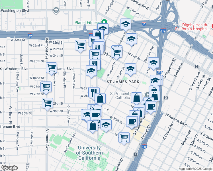 map of restaurants, bars, coffee shops, grocery stores, and more near 2611 Portland Street in Los Angeles