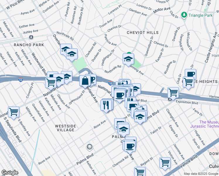 map of restaurants, bars, coffee shops, grocery stores, and more near 10535 National Boulevard in Los Angeles