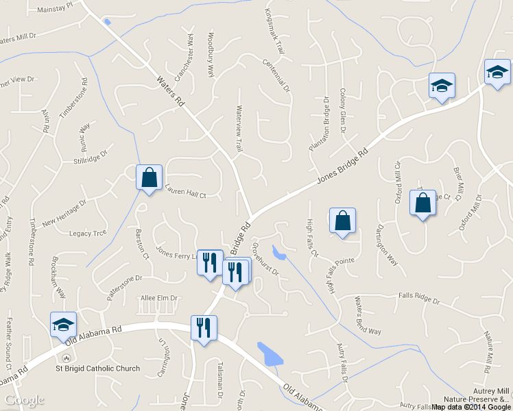 map of restaurants, bars, coffee shops, grocery stores, and more near 10214 Jones Bridge Road in Alpharetta
