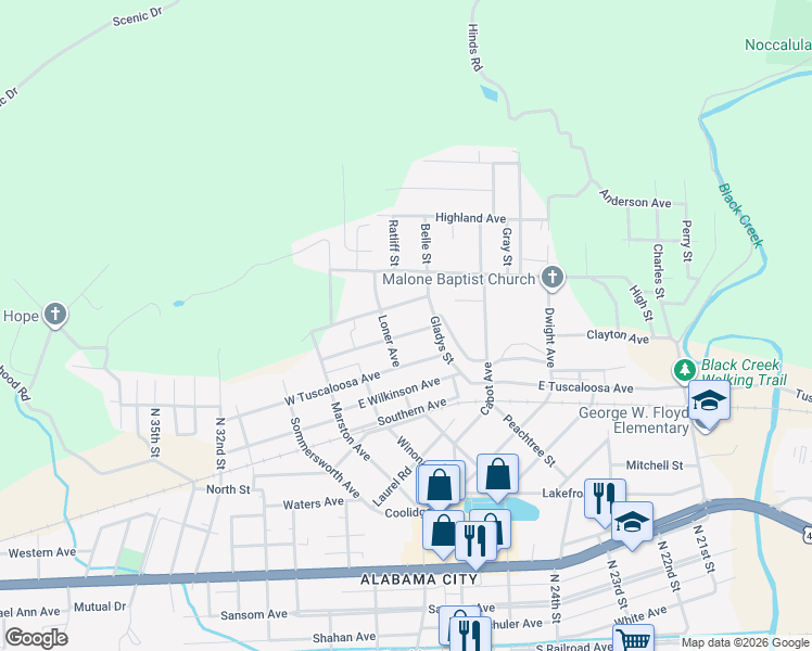 map of restaurants, bars, coffee shops, grocery stores, and more near 12 Little Street in Gadsden