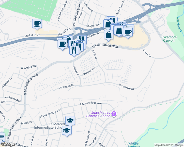 map of restaurants, bars, coffee shops, grocery stores, and more near 498 Marlow Lane in Montebello