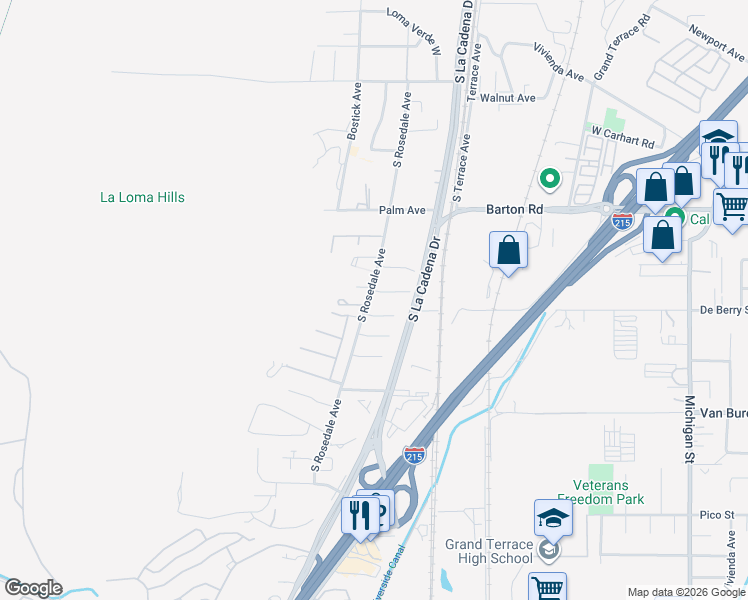 map of restaurants, bars, coffee shops, grocery stores, and more near 194 West Rosa Court in Colton