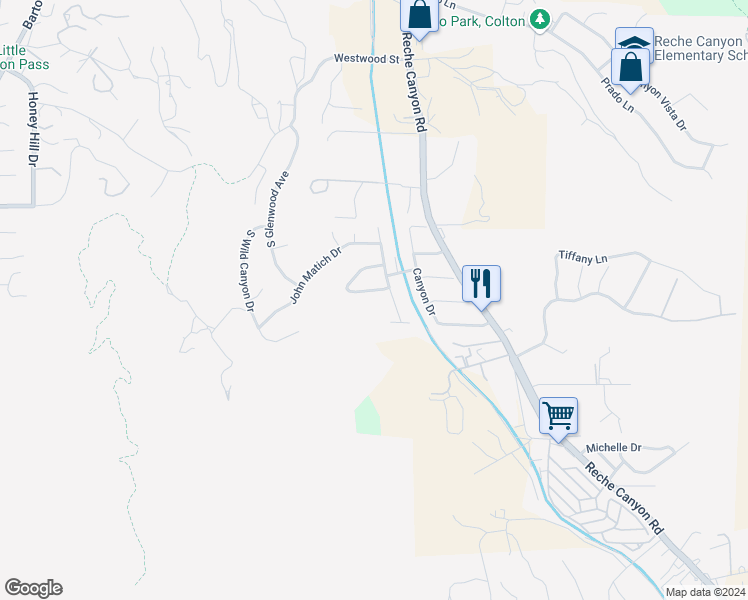map of restaurants, bars, coffee shops, grocery stores, and more near 2293 Crescent Circle in Colton
