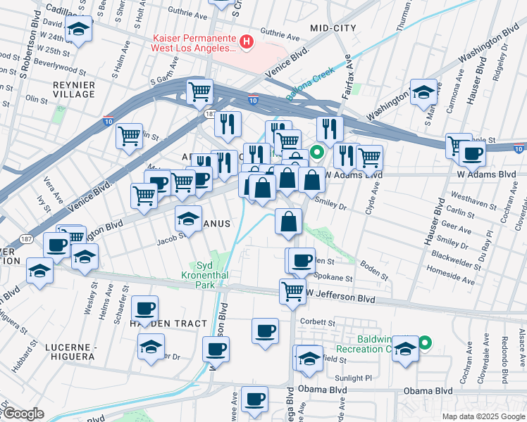 map of restaurants, bars, coffee shops, grocery stores, and more near 5894 Blackwelder Street in Culver City