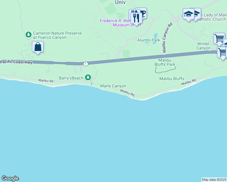 map of restaurants, bars, coffee shops, grocery stores, and more near 24554 Malibu Road in Malibu