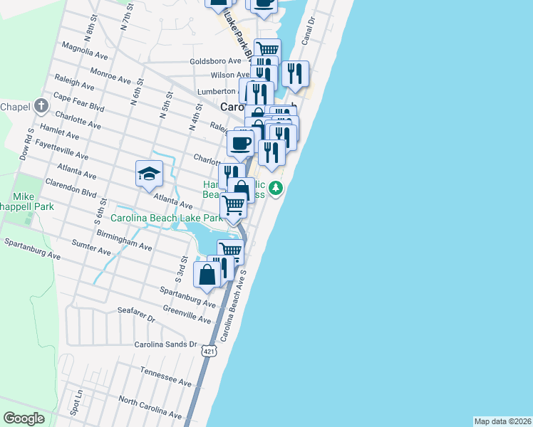 map of restaurants, bars, coffee shops, grocery stores, and more near 303 Carolina Beach Avenue South in Carolina Beach