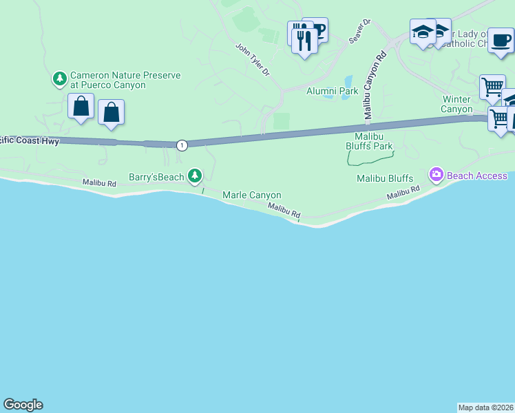 map of restaurants, bars, coffee shops, grocery stores, and more near 24534 Malibu Road in Malibu