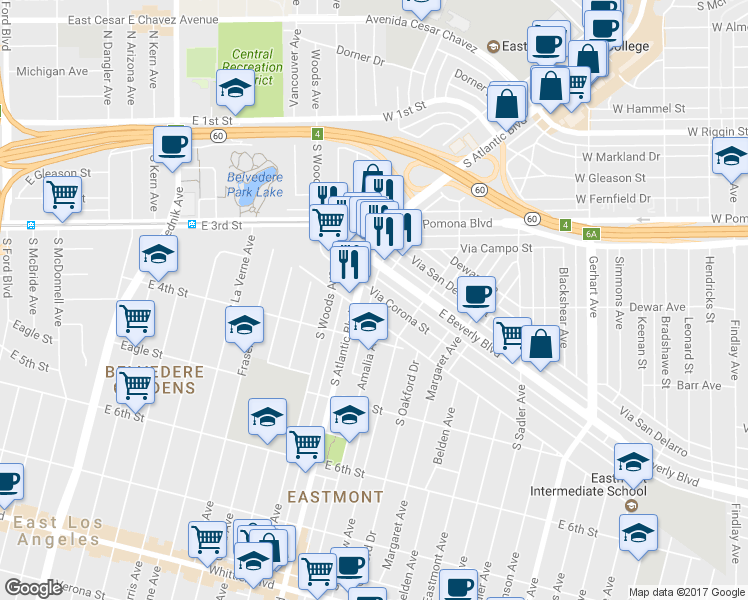 map of restaurants, bars, coffee shops, grocery stores, and more near 5220 Via Corona Street in Los Angeles