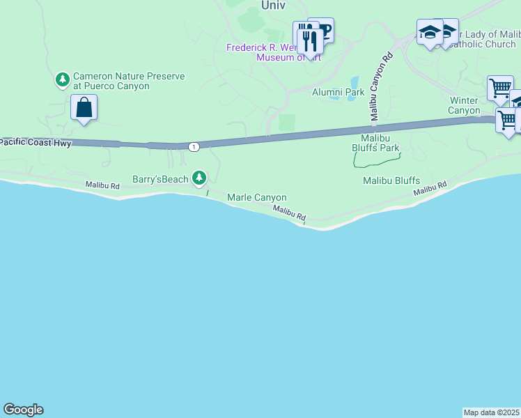 map of restaurants, bars, coffee shops, grocery stores, and more near 24548 Malibu Road in Malibu