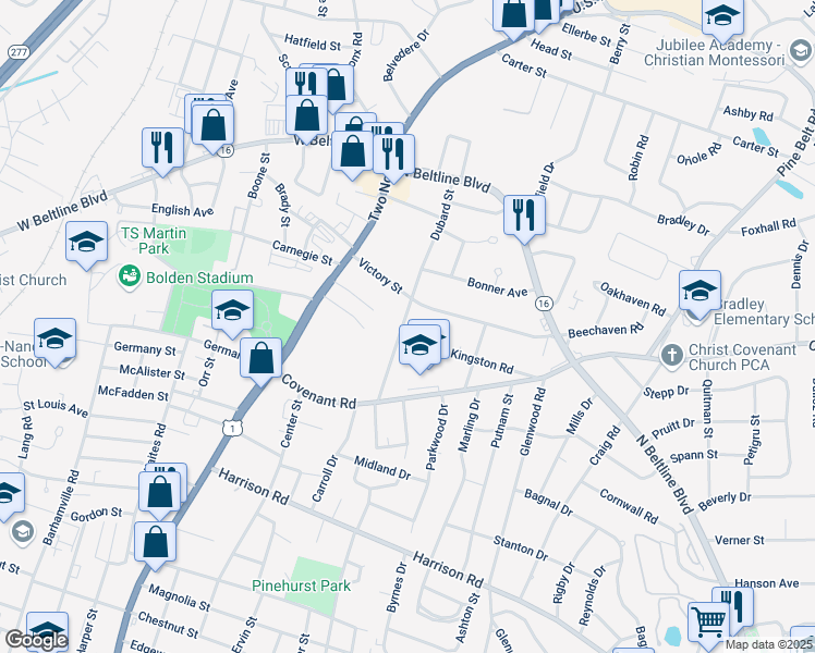 map of restaurants, bars, coffee shops, grocery stores, and more near 2714 Dubard Street in Columbia