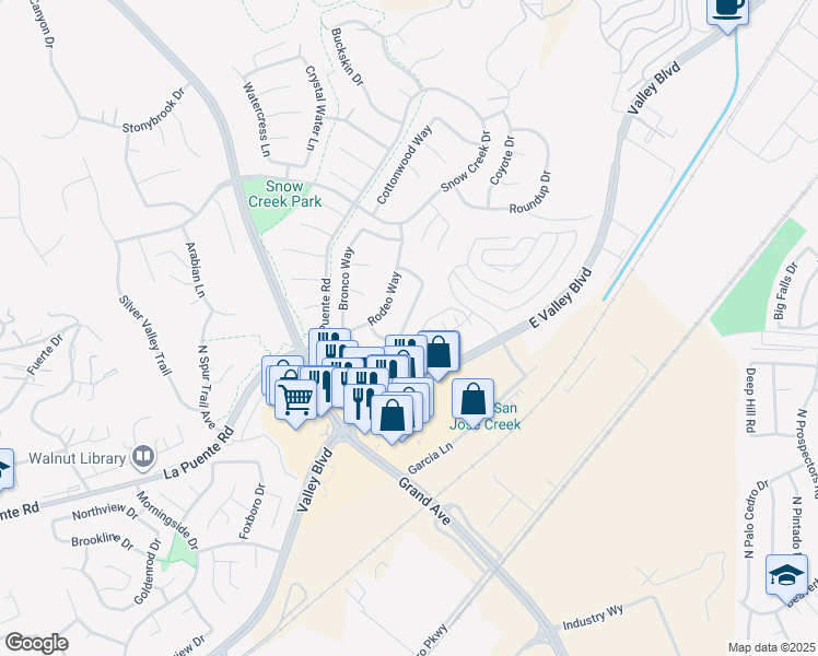 map of restaurants, bars, coffee shops, grocery stores, and more near 628 North Pacer Court in Walnut