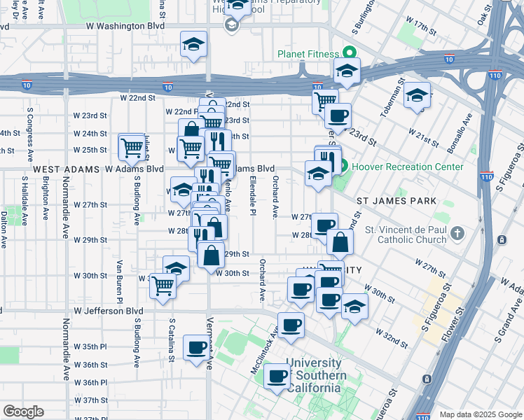 map of restaurants, bars, coffee shops, grocery stores, and more near 2676 Ellendale Place in Los Angeles