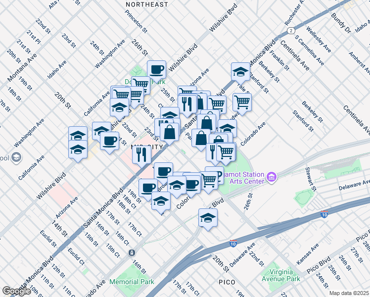 map of restaurants, bars, coffee shops, grocery stores, and more near 1434 24th Street in Santa Monica