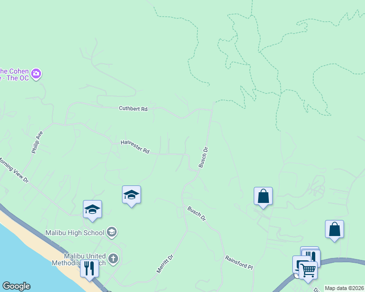 map of restaurants, bars, coffee shops, grocery stores, and more near 29675 Harvester Road in Malibu
