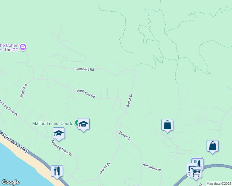 map of restaurants, bars, coffee shops, grocery stores, and more near 29675 Harvester Road in Malibu