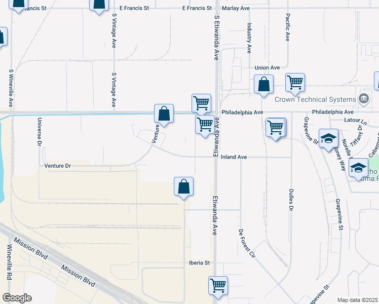 map of restaurants, bars, coffee shops, grocery stores, and more near 11095 Inland Avenue in Jurupa Valley