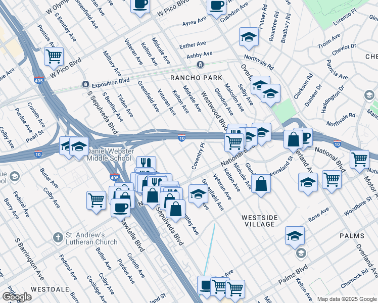 map of restaurants, bars, coffee shops, grocery stores, and more near 2912 Greenfield Avenue in Los Angeles