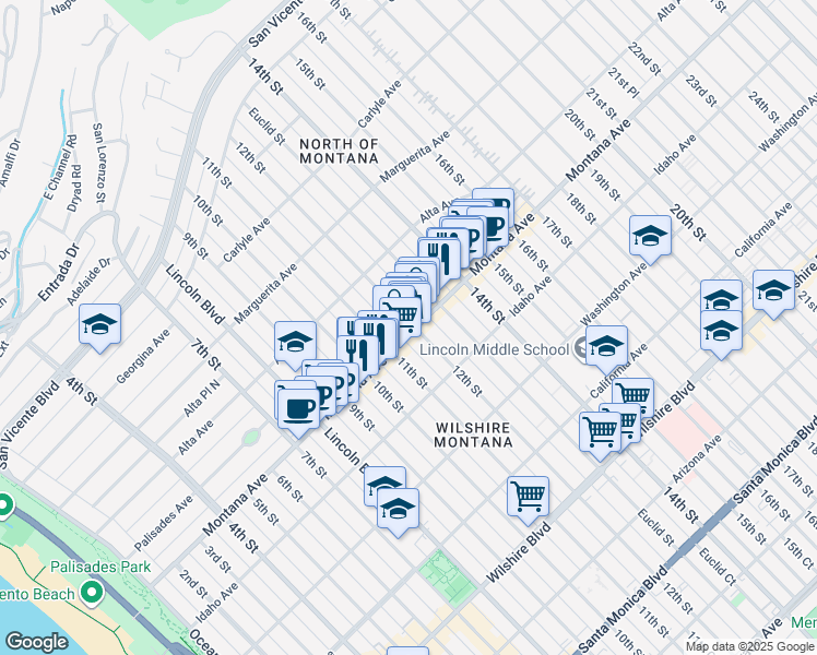 map of restaurants, bars, coffee shops, grocery stores, and more near 1134 Montana Avenue in Santa Monica