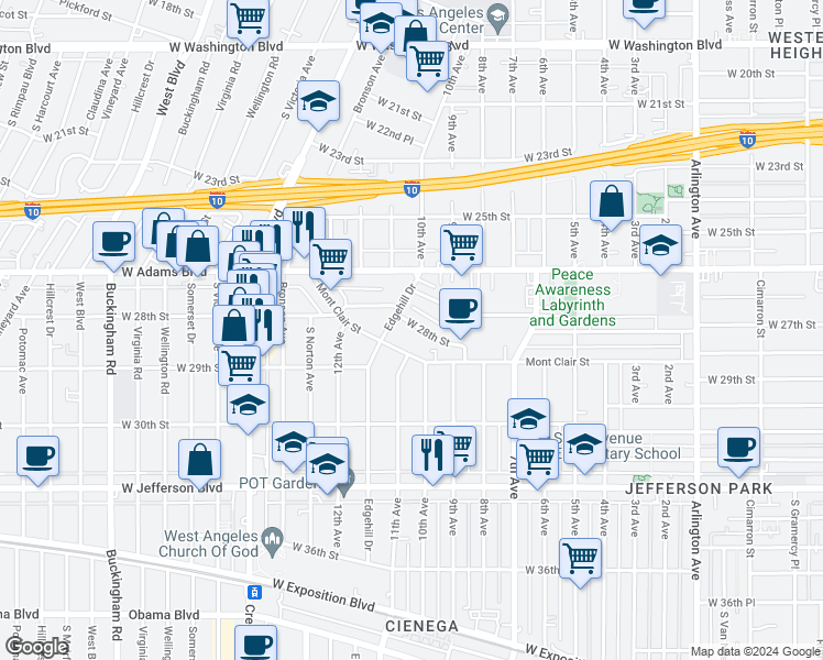 map of restaurants, bars, coffee shops, grocery stores, and more near 3926 West 28th Street in Los Angeles