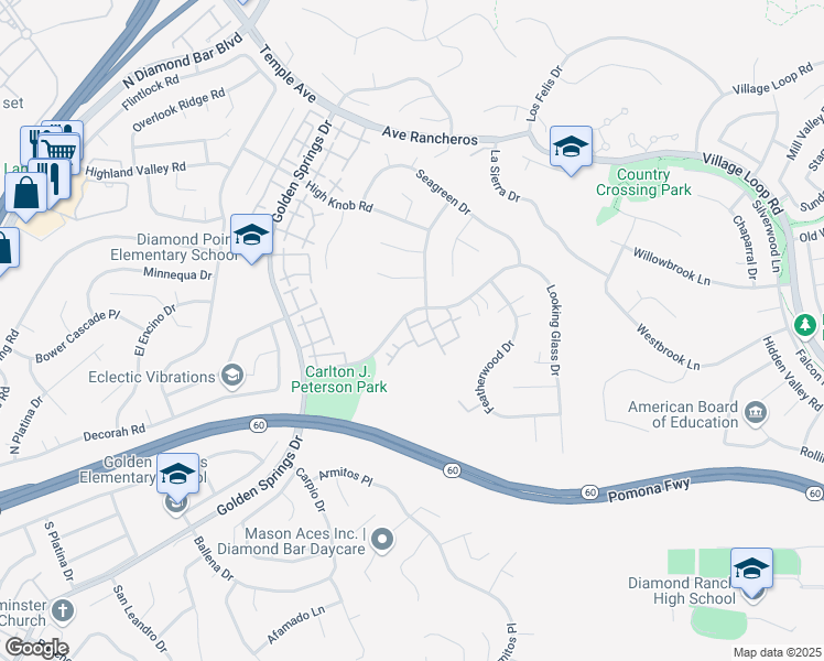 map of restaurants, bars, coffee shops, grocery stores, and more near 24202 Sylvan Glen Road in Diamond Bar
