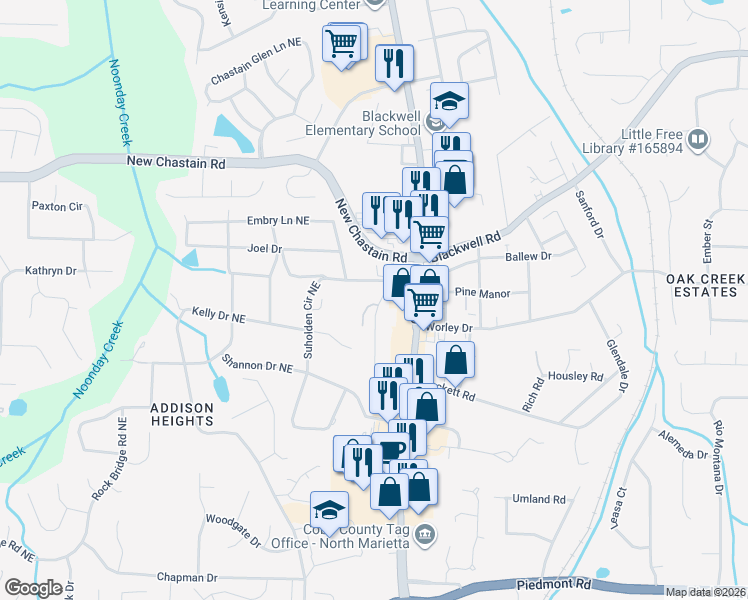 map of restaurants, bars, coffee shops, grocery stores, and more near 3285 Hilltop Drive in Marietta