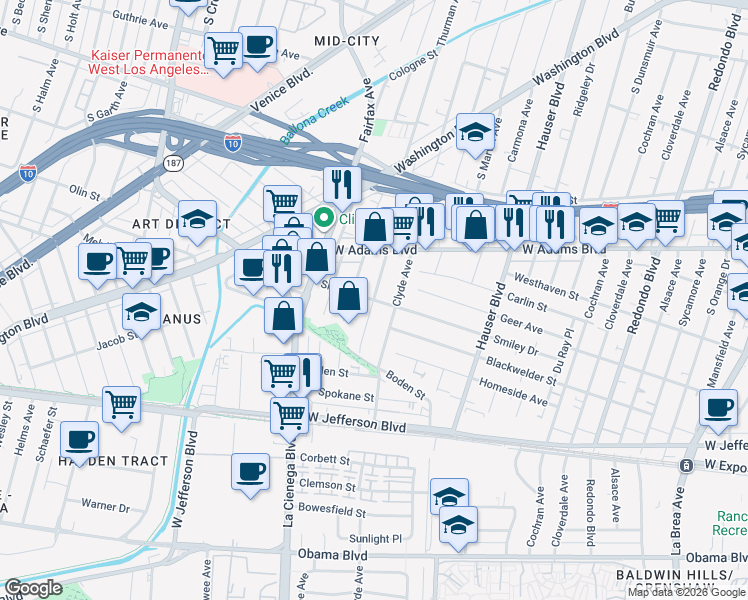 map of restaurants, bars, coffee shops, grocery stores, and more near Smiley Drive in Los Angeles