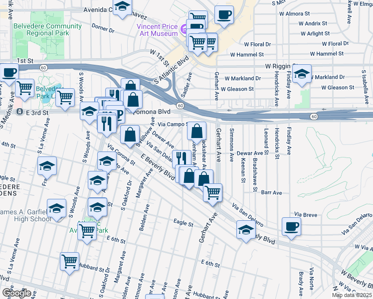 map of restaurants, bars, coffee shops, grocery stores, and more near 5418 Dewar Avenue in Los Angeles