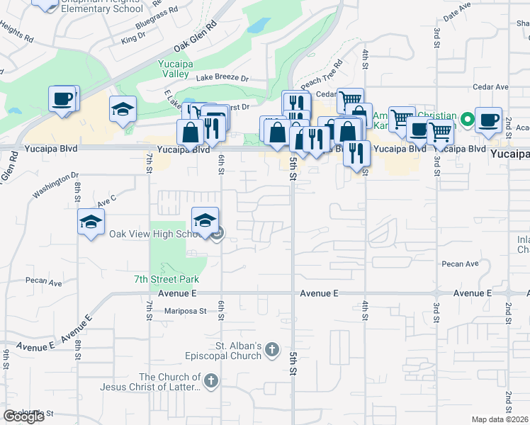 map of restaurants, bars, coffee shops, grocery stores, and more near 12182 5th Street in Yucaipa