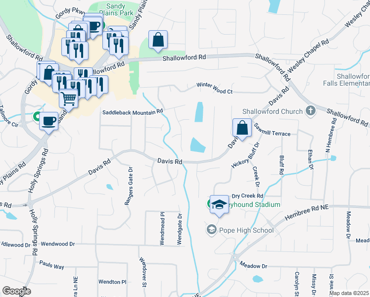 map of restaurants, bars, coffee shops, grocery stores, and more near 3320 Woodleaf Way in Marietta