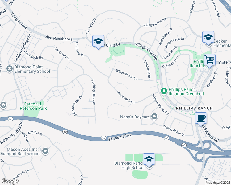 map of restaurants, bars, coffee shops, grocery stores, and more near 58 Westbrook Lane in Pomona