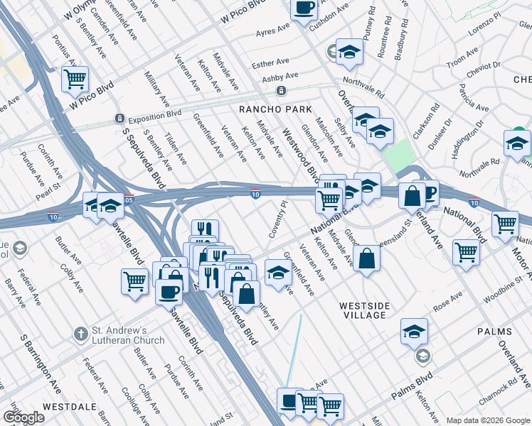 map of restaurants, bars, coffee shops, grocery stores, and more near 2912 Greenfield Avenue in Los Angeles